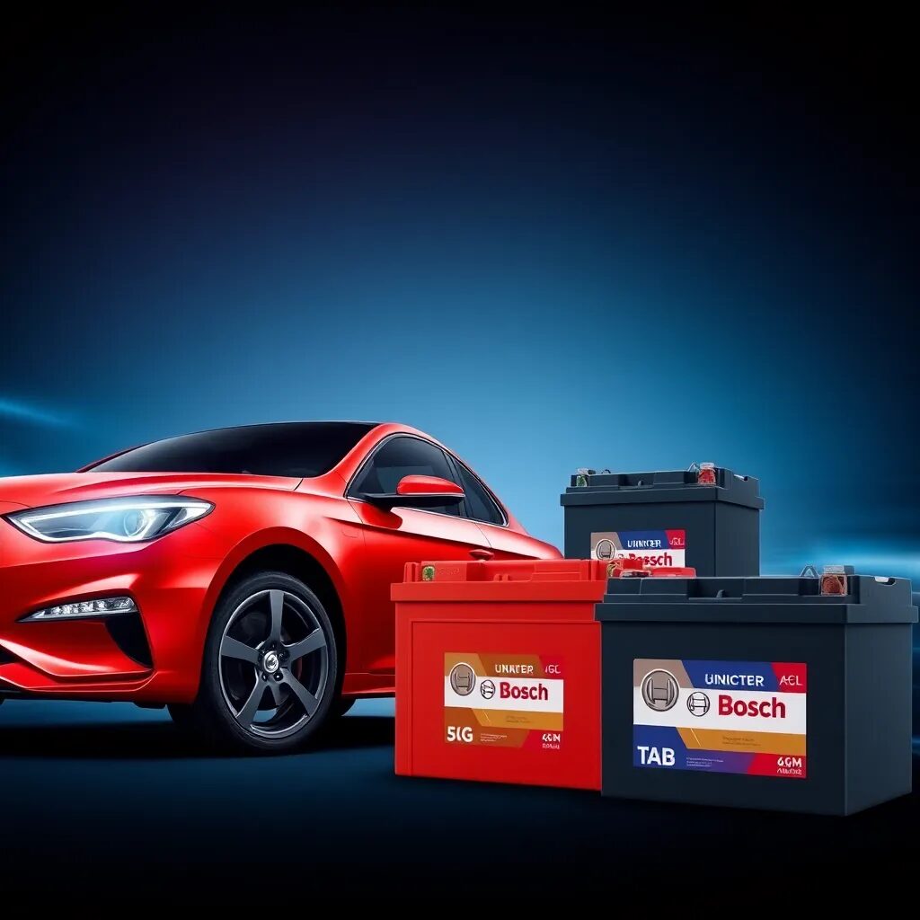 Baterías de coche junto a un automóvil.