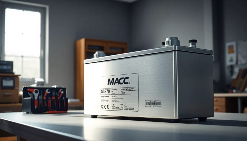 Batería plateada en un escritorio.