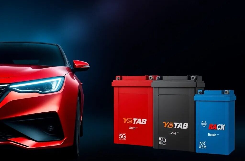 Coche rojo y baterías de automóviles.