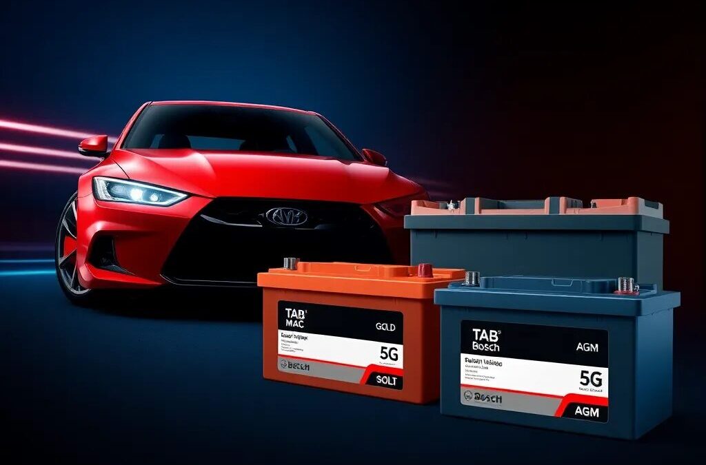 Baterías junto a un coche rojo