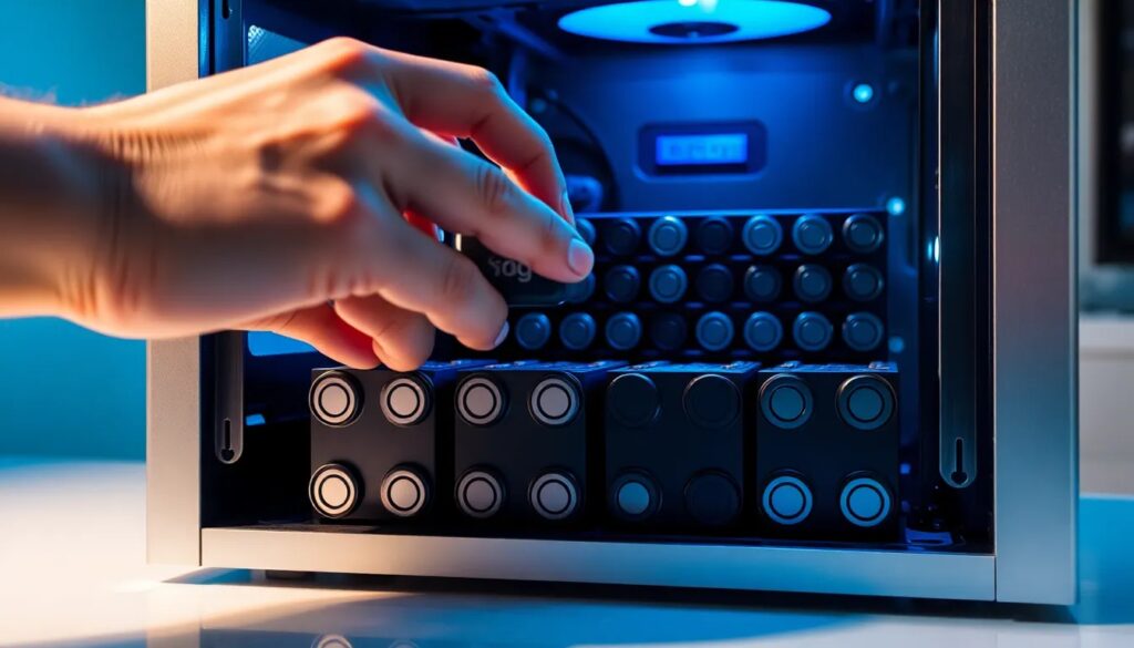 Persona colocando batería en estante.