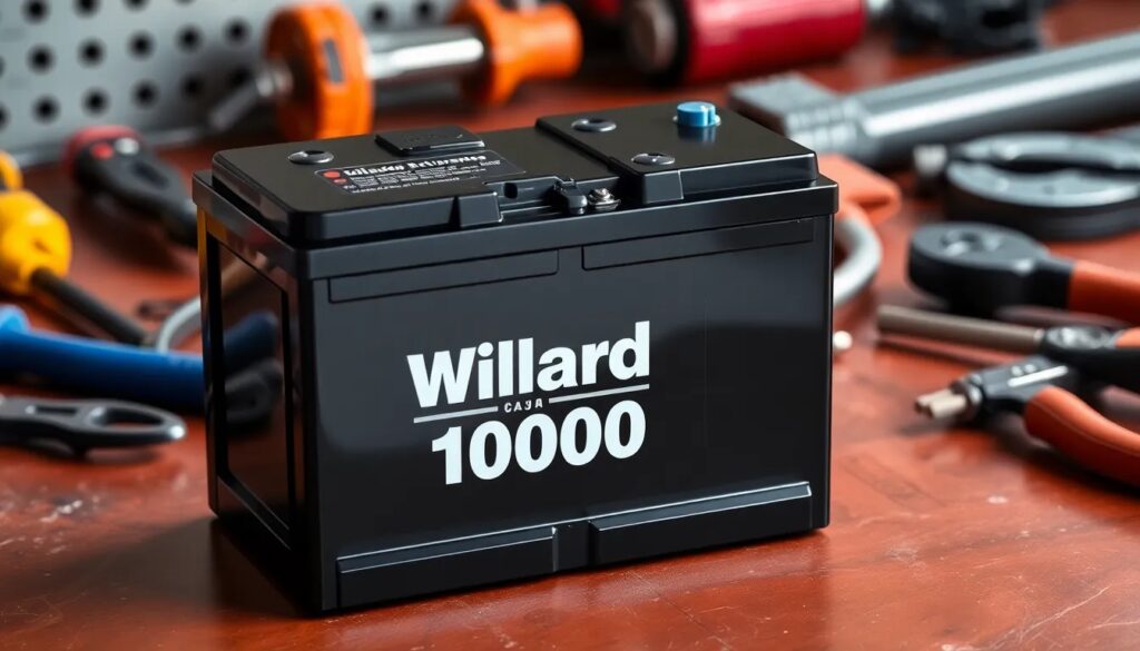 Venta Baterías para Carro a Domicilio Bogotá Batería Willard sobre mesa de herramientas.