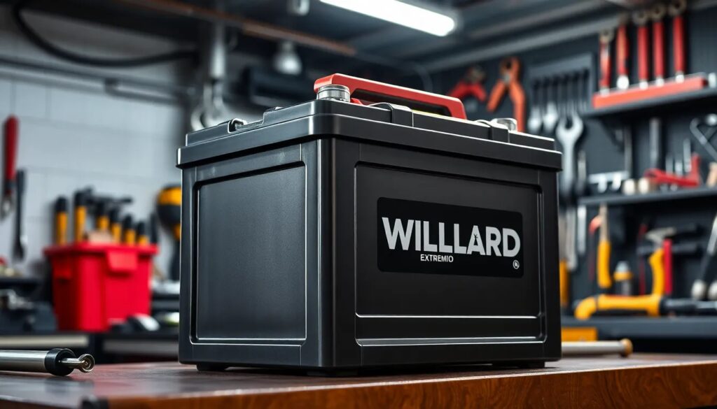 Batería Willard en taller mecánico.