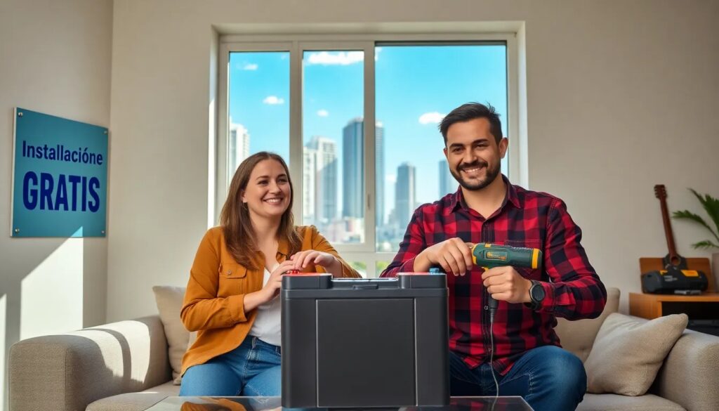 Pareja sonriente con batería y herramientas.