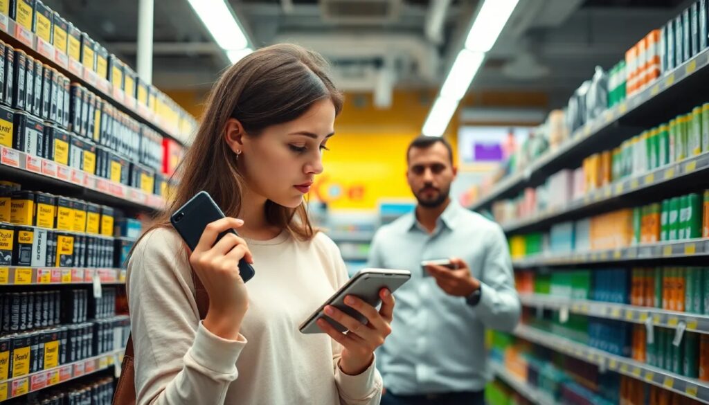Mujer revisando productos en tienda.