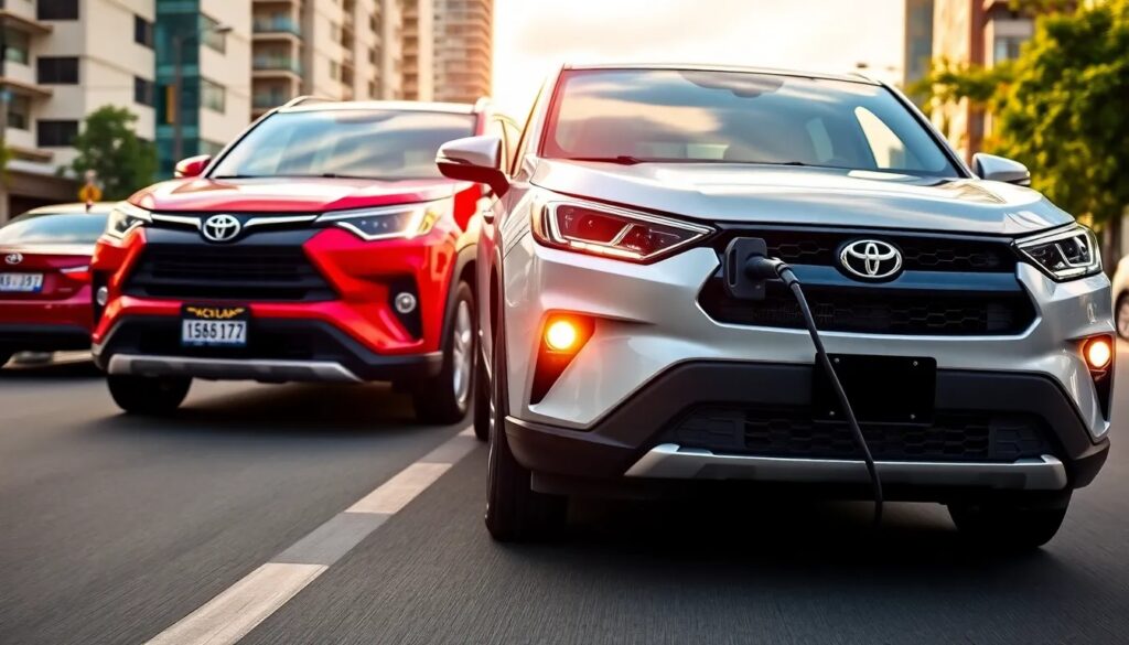 Autos en la carretera al atardecer.