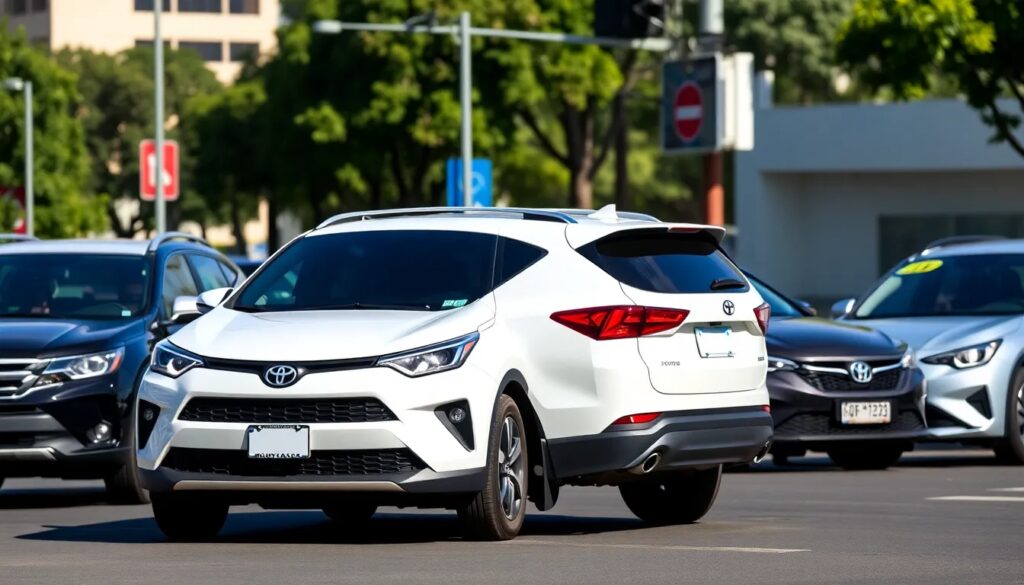 SUV blanca en una calle concurrida