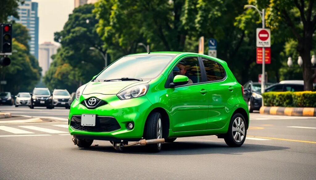 Auto verde en una intersección urbana.