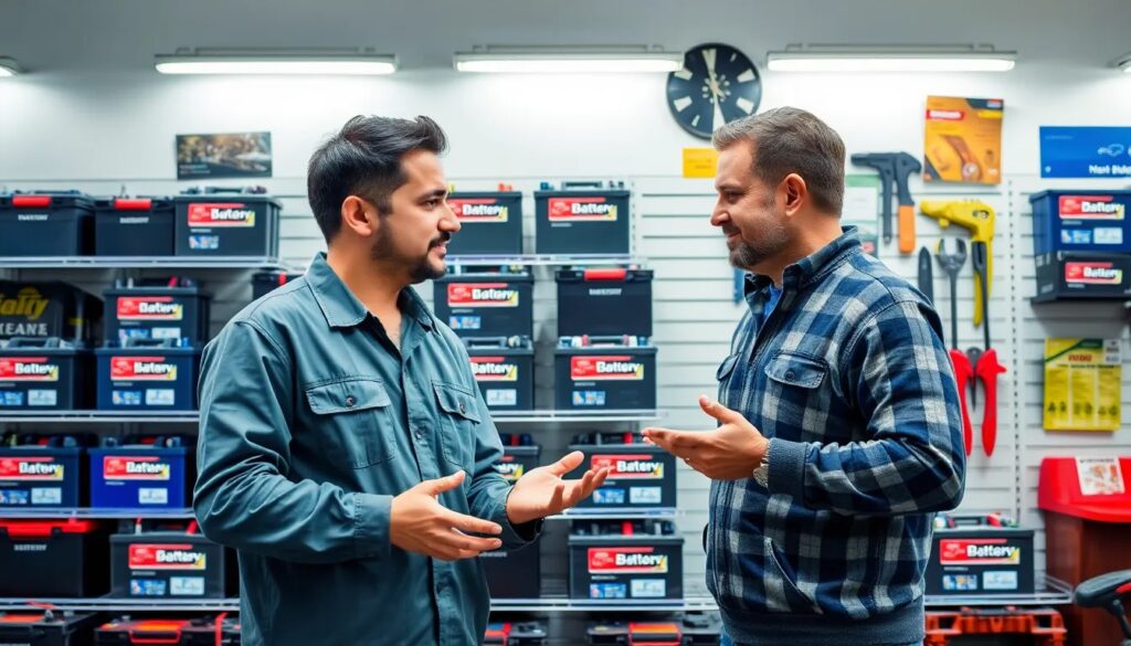 Dos hombres conversando sobre baterías.