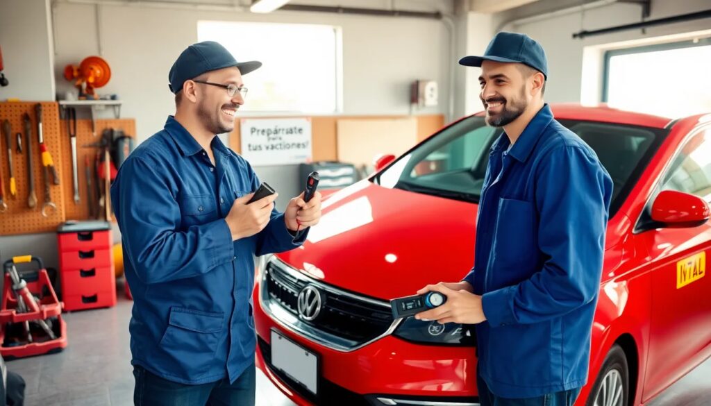 Venta Baterías para Carro a Domicilio Bogotá Dos mecánicos revisando un automóvil rojo.