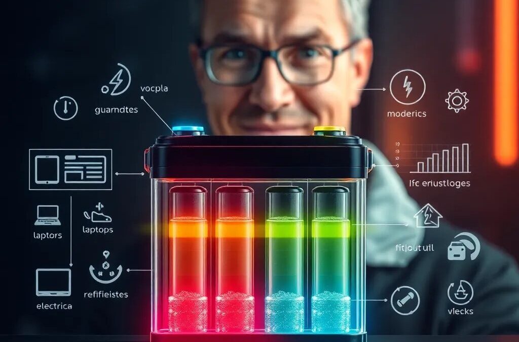 Baterías de colores con gráficos tecnológicos.