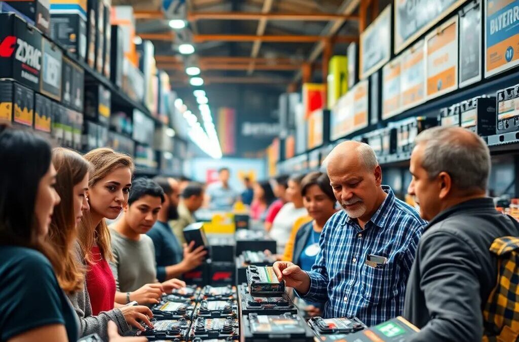 Clientes eligiendo baterías en tienda