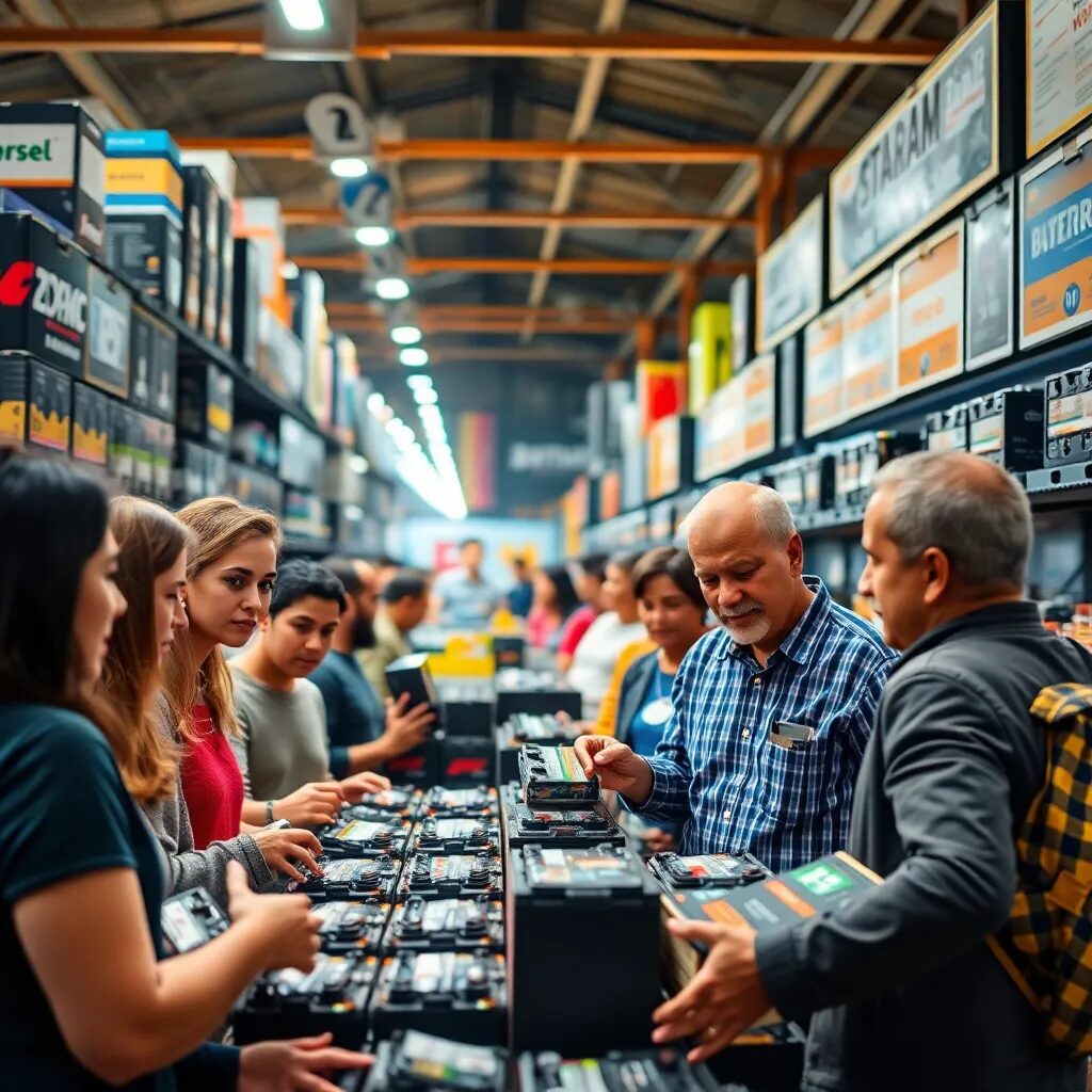 Clientes eligiendo baterías en tienda
