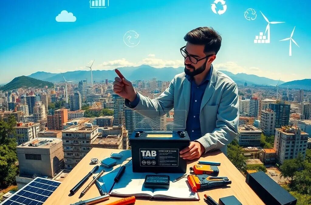 Hombre trabajando con baterías y herramientas.