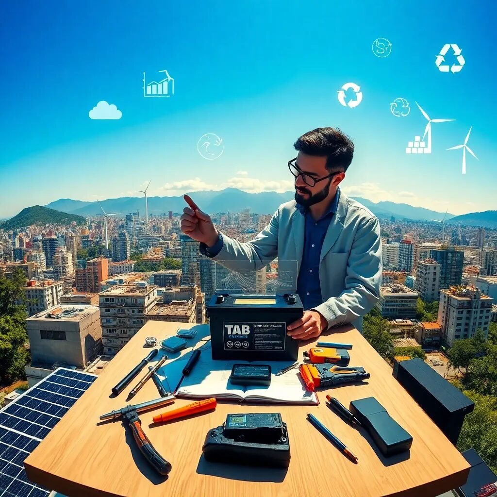 Hombre trabajando con baterías y herramientas.