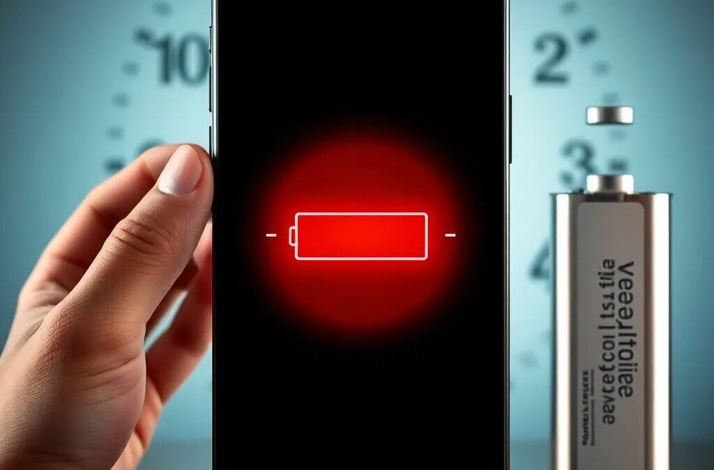 Teléfono con batería baja y reloj.