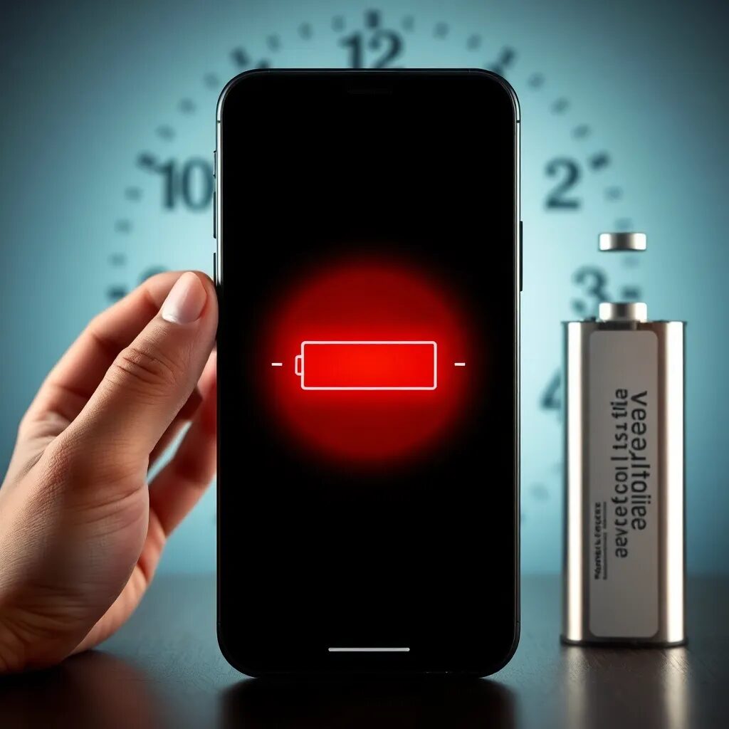 Teléfono con batería baja y reloj.