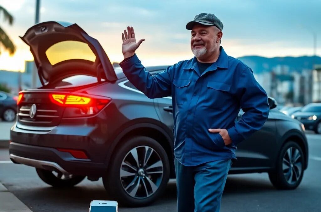 Hombre saludando junto a un coche.