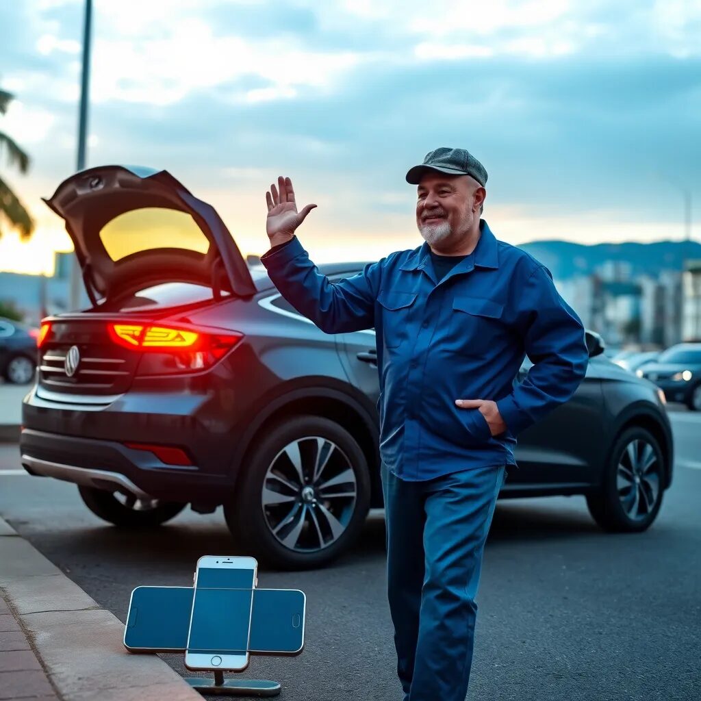 Hombre saludando junto a un coche.