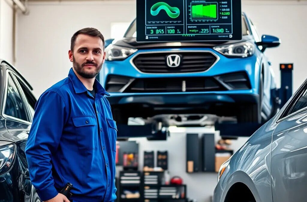 Mecánico en taller con coche elevado.