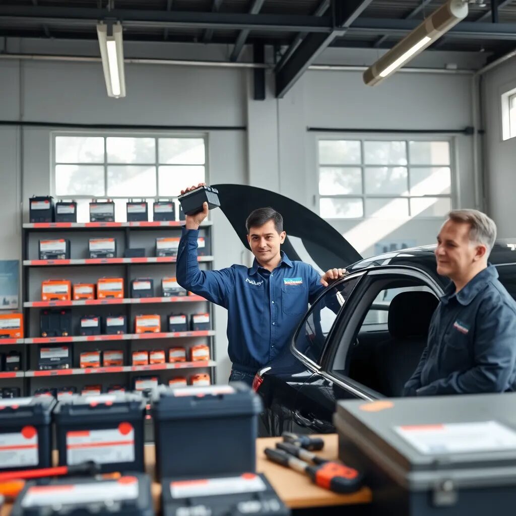 Hombres en tienda de baterías automotrices.