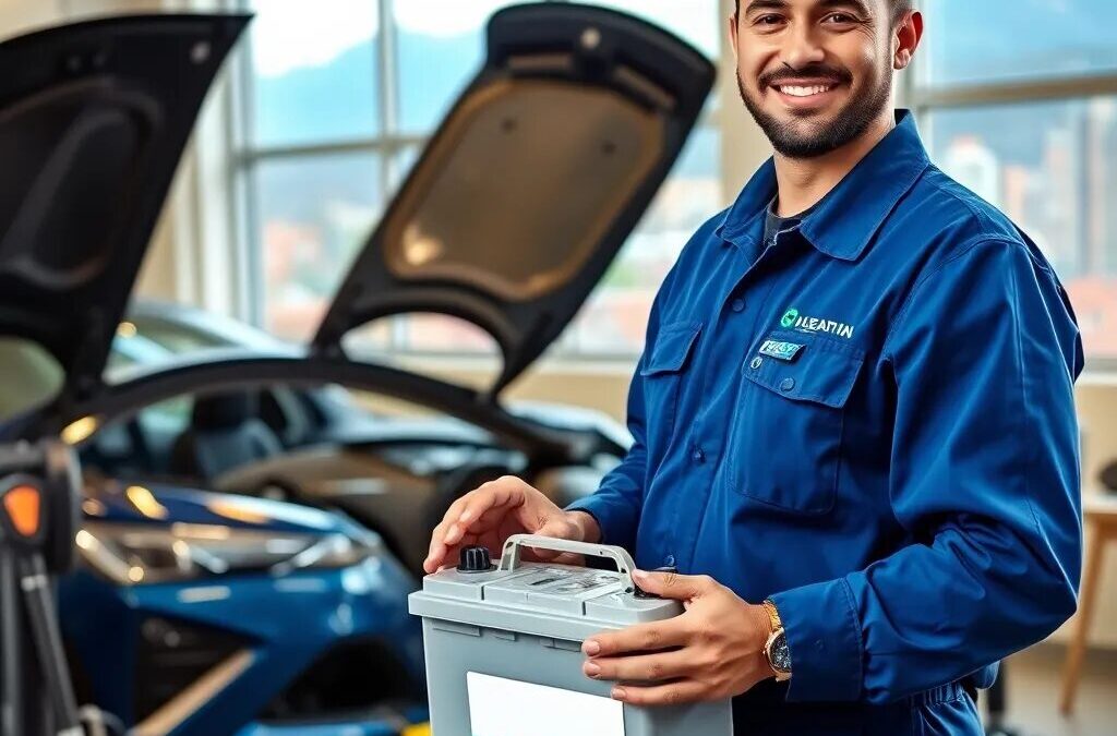 Técnico sonriente sosteniendo batería de carro.