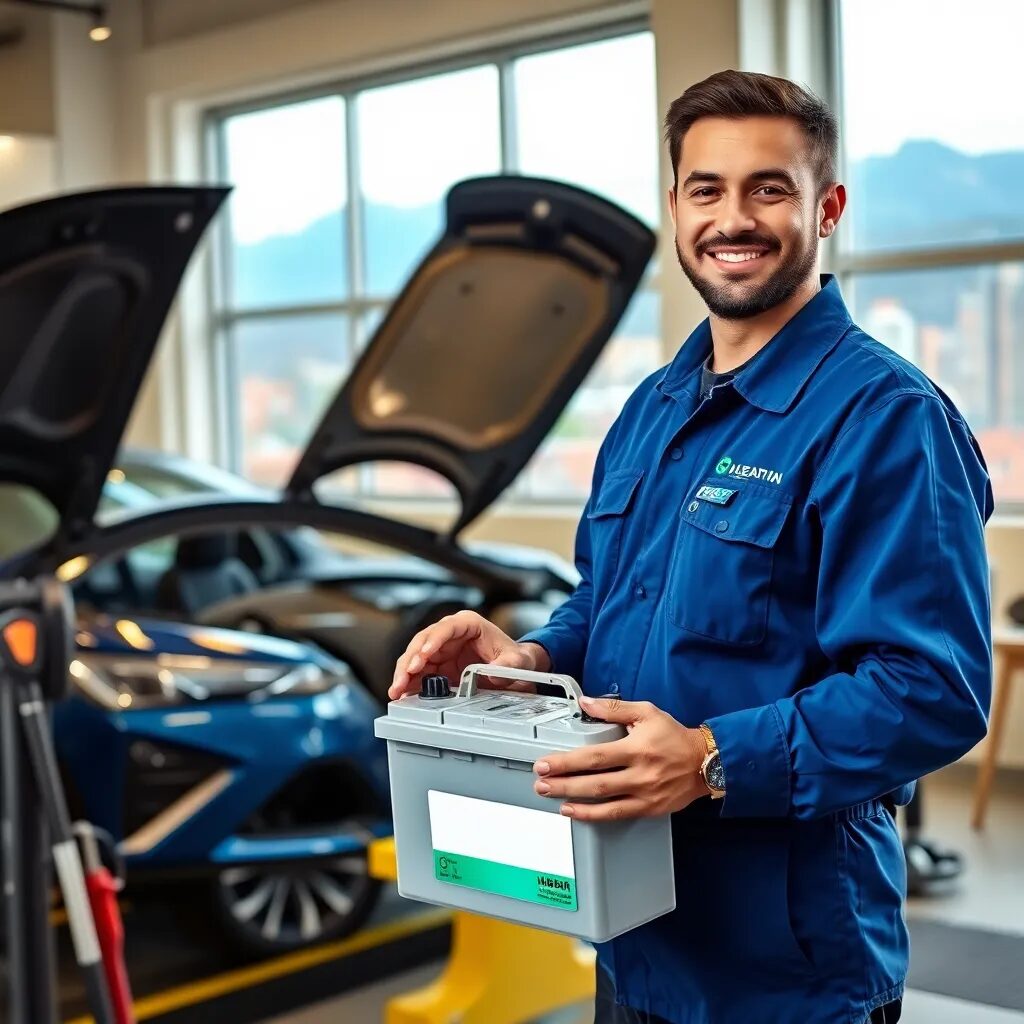 Venta de Baterías a Domicilio Bogotá Técnico sonriente sosteniendo batería de carro.