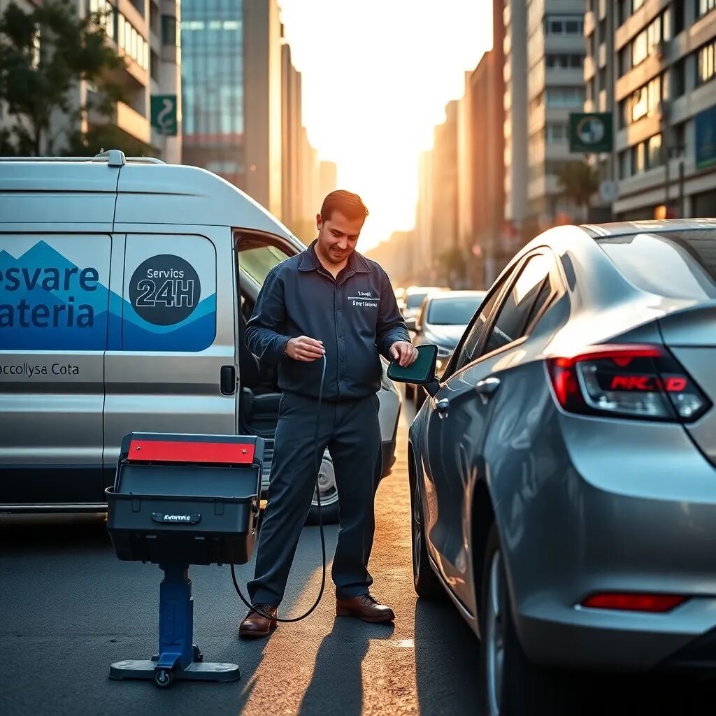 Hombre revisando batería de automóvil.