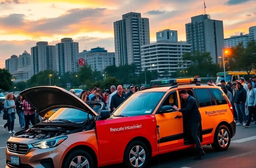 Taxi con capó abierto al atardecer