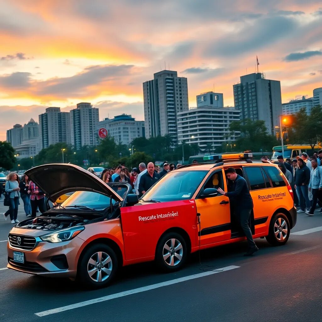 Taxi con capó abierto al atardecer