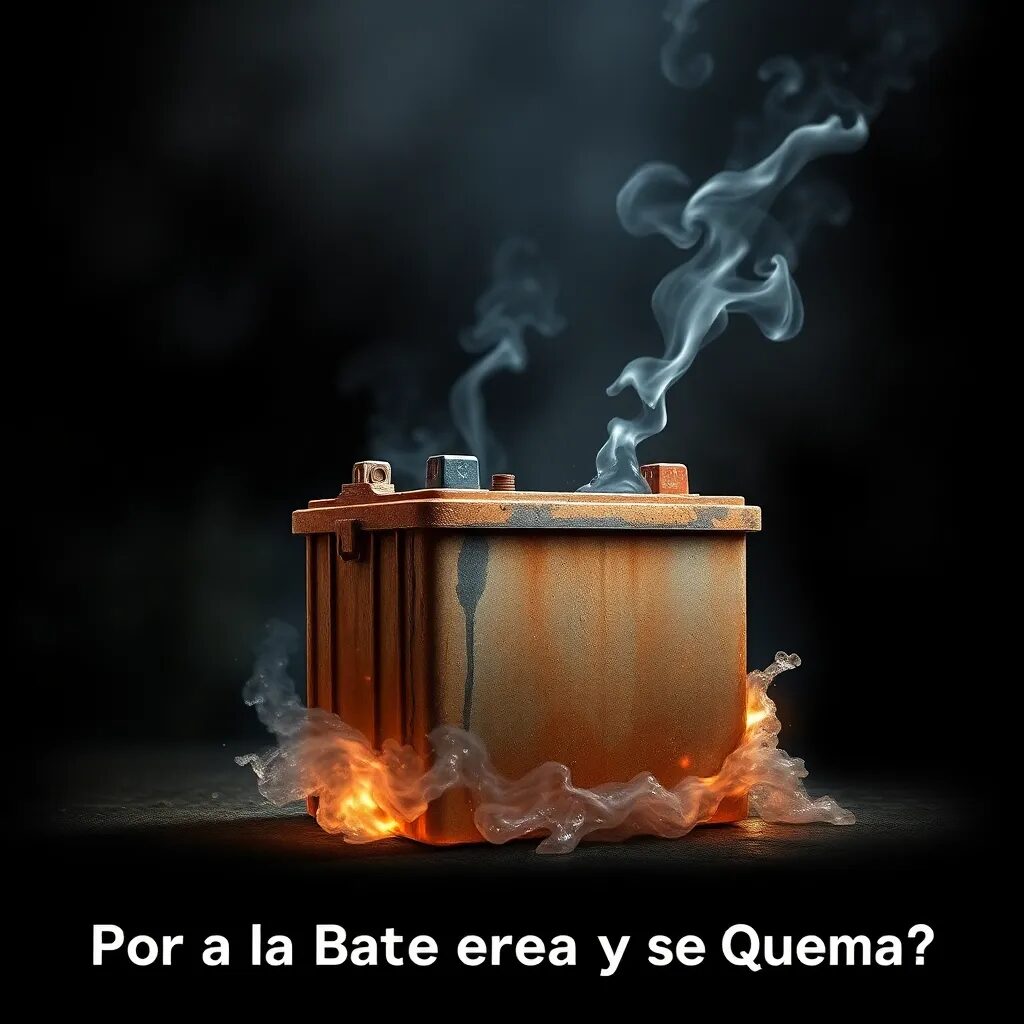 Batería humeante con fuego alrededor.