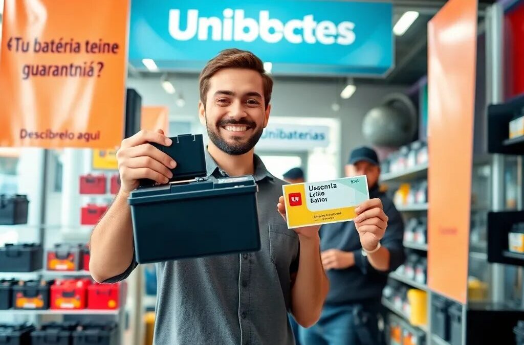 Hombre sonriente con batería y garantía.
