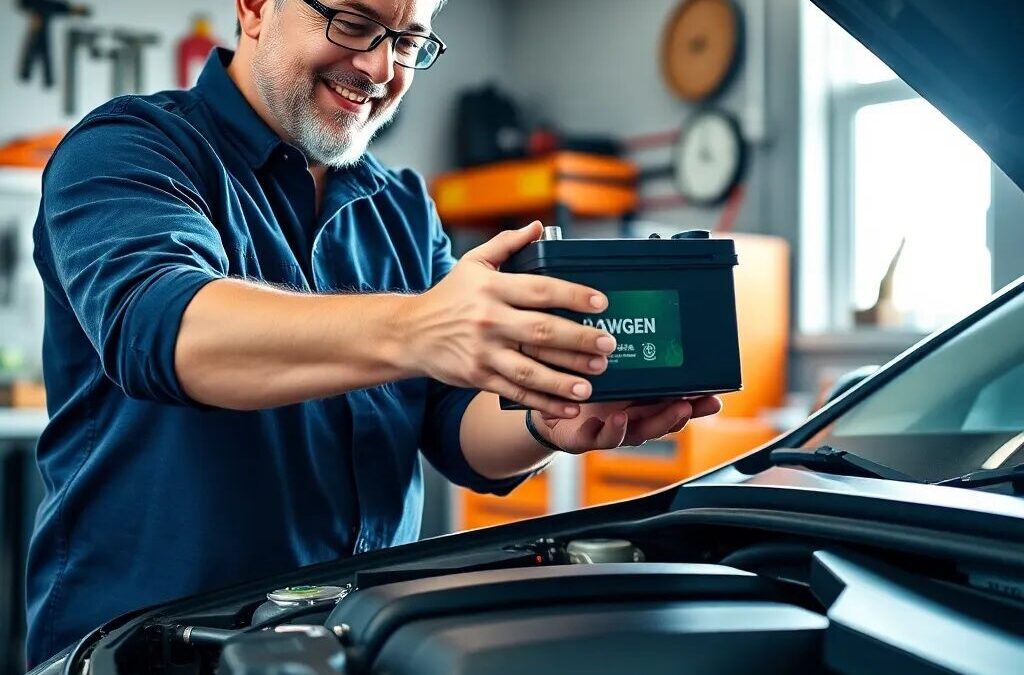 Hombre feliz cambiando batería de coche.