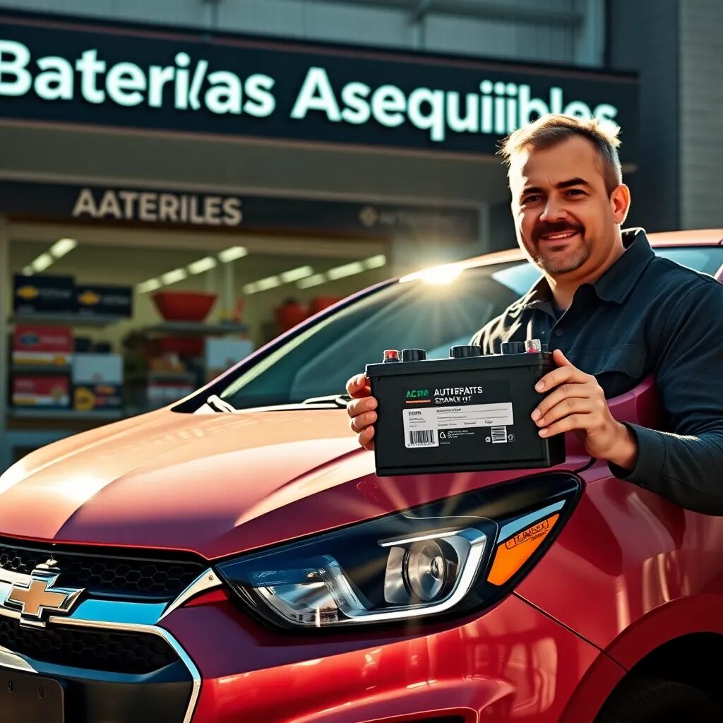 Hombre sosteniendo batería frente a auto.