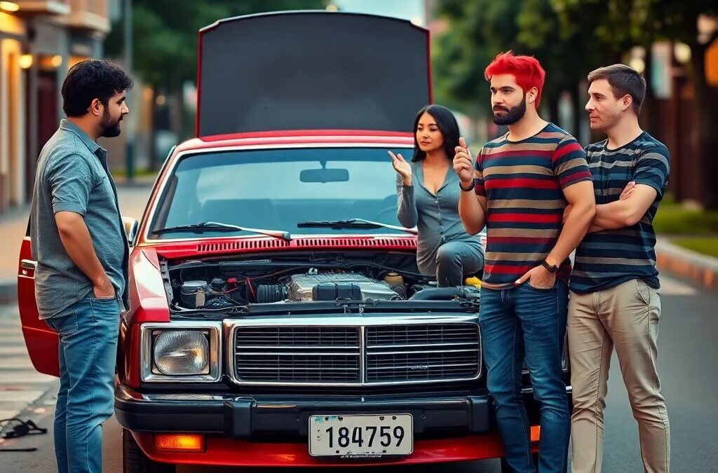 Cuatro personas junto a un coche.