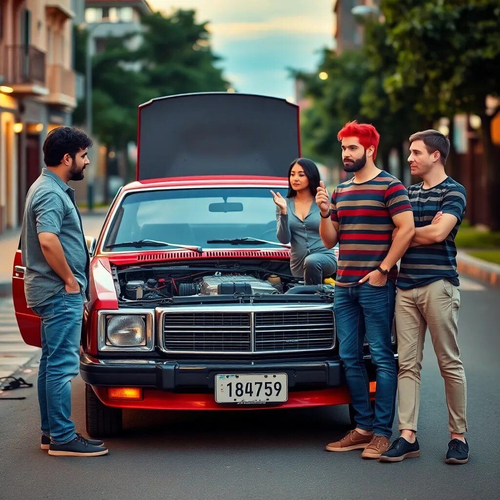 Cuatro personas junto a un coche.
