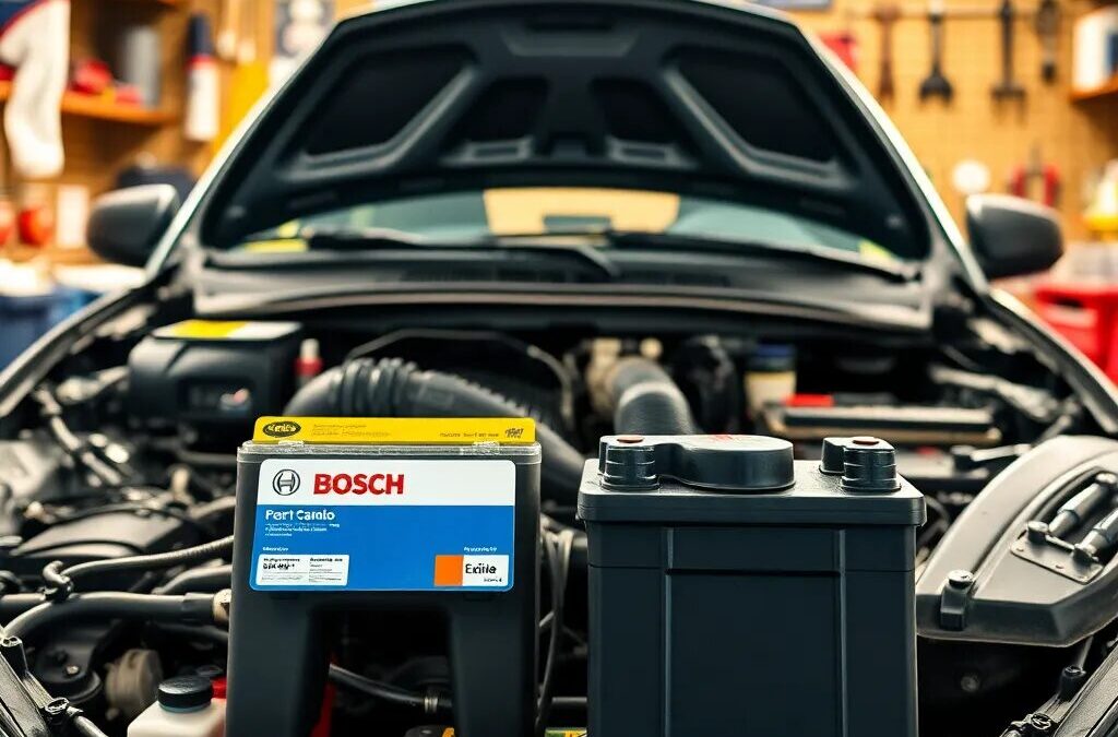 Batería de coche en taller mecánico.