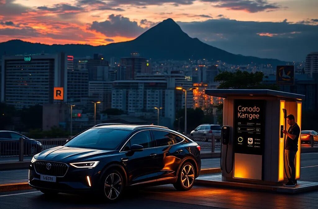 Coche eléctrico cargando al atardecer.