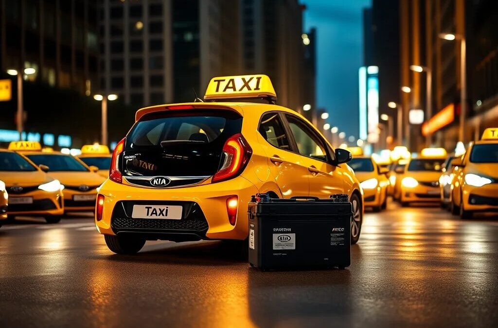 Taxi amarillo en una ciudad iluminada.