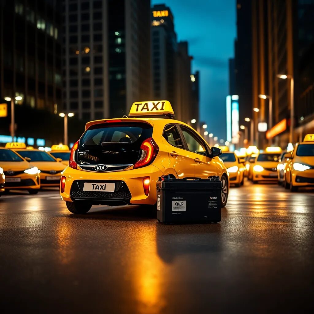 Taxi amarillo en una ciudad iluminada.